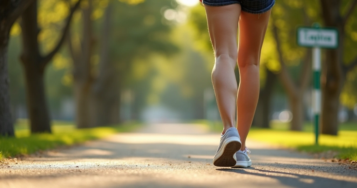 Mulher caminhando em parque de Campinas com enfoque nas pernas leves e saudáveis 