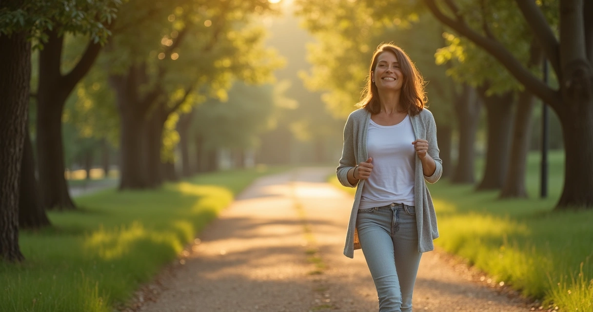 Mulher praticando meditação caminhando em parque com árvores ao fundo 
