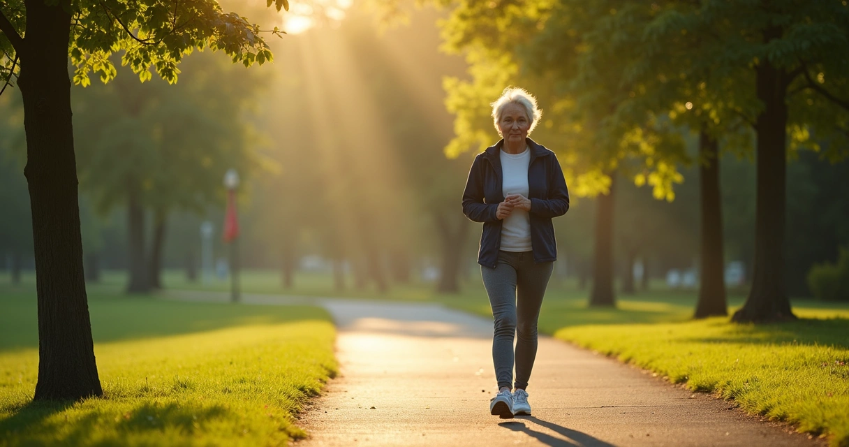 Mulher caminhando em parque com árvores pela manhã