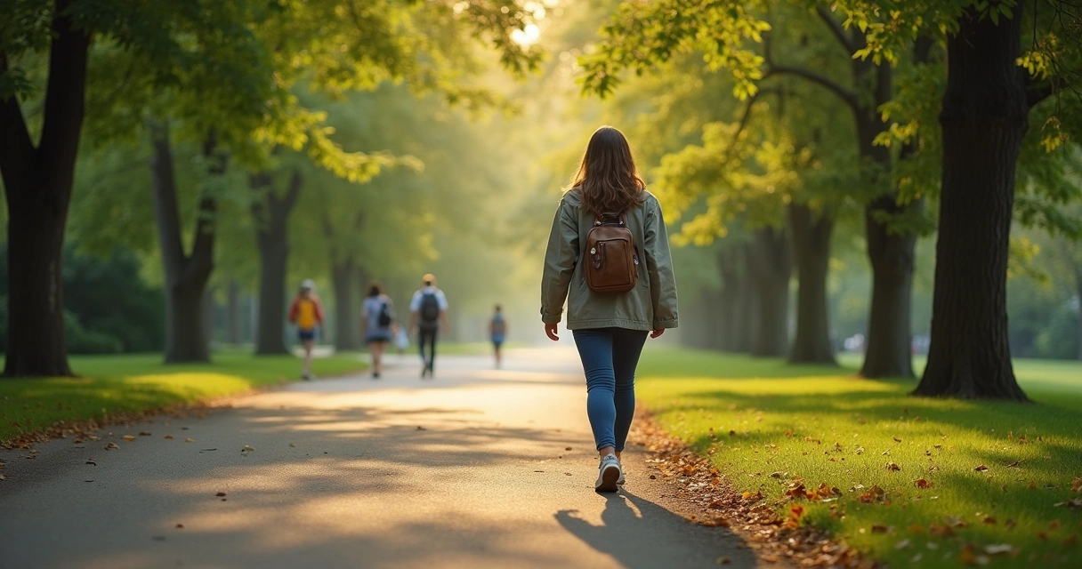 Mulher caminhando sozinha em um parque cercado de verde e paz