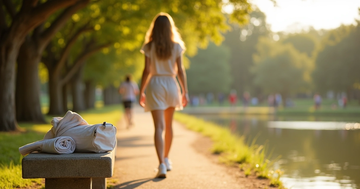 Mulher caminhando em parque ao pôr do sol com pernas saudáveis e leves 