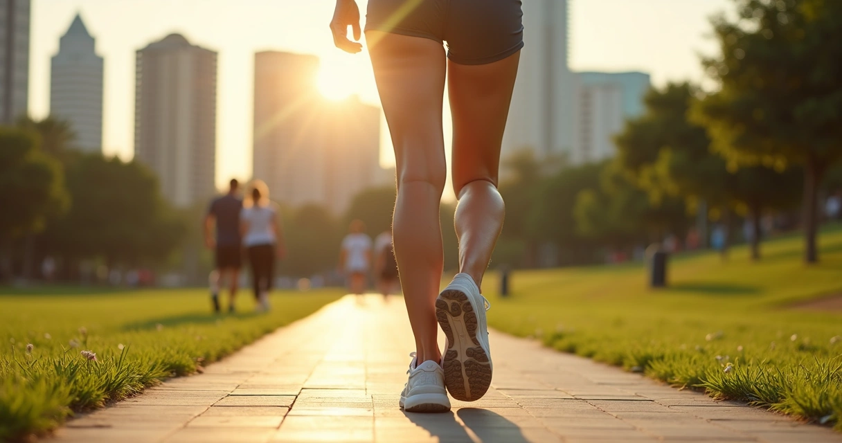 Mulher adulta caminhando em parque de Campinas com pernas saudáveis e sem varizes 