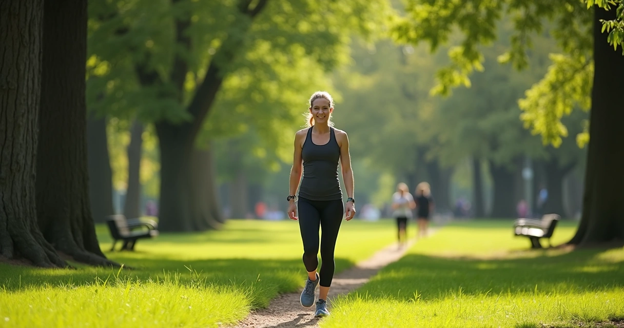 Mulher caminhando em parque com árvores e sol ao fundo