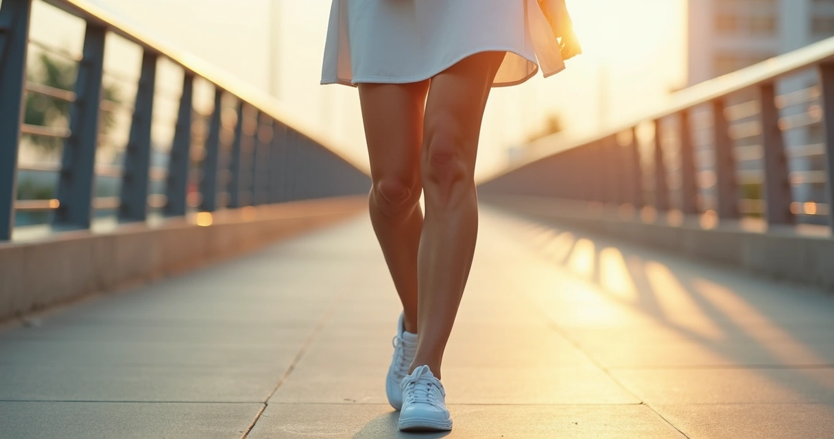 Mulher caminhando em ponte urbana mostrando pernas com veias aparentes de forma discreta 