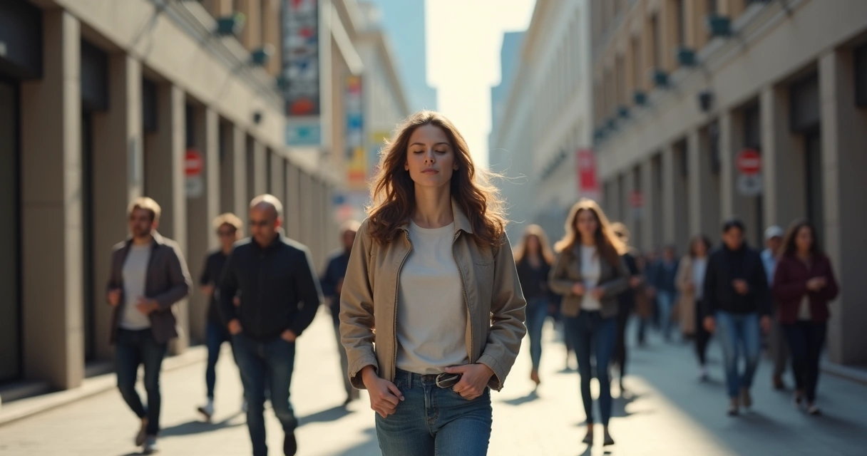 Pessoa caminha calmamente na calçada de uma rua movimentada 