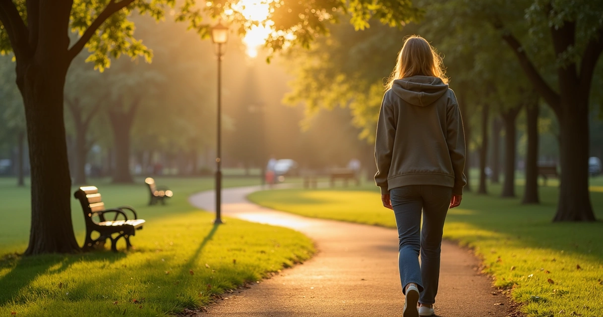 Mulher caminhando sozinha em um parque de manhã 