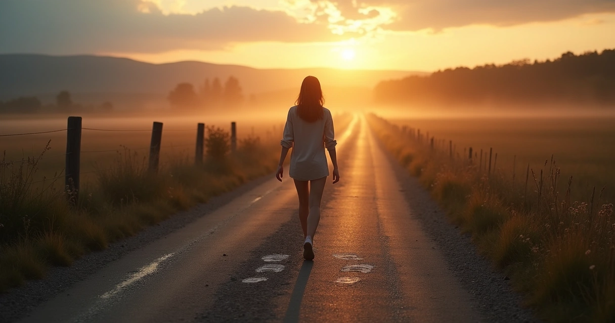 Mulher caminhando em estrada ao amanhecer em direção a luz suave ao fundo 