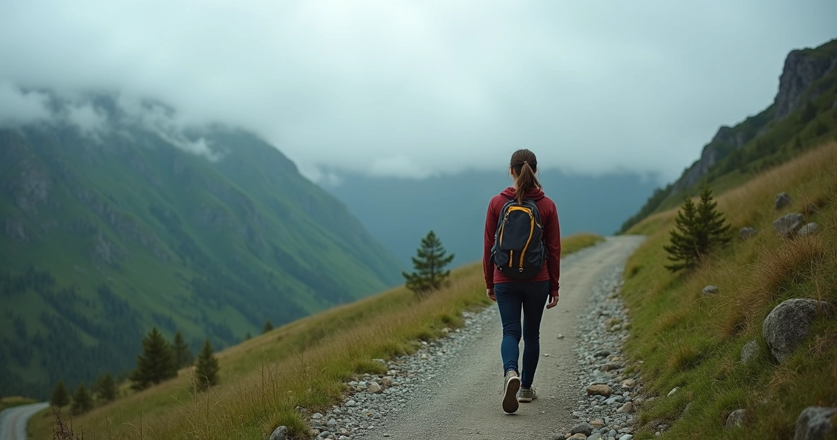 Mulher caminhando sozinha por uma trilha montanhosa, céu nublado ao fundo, cenário verde 
