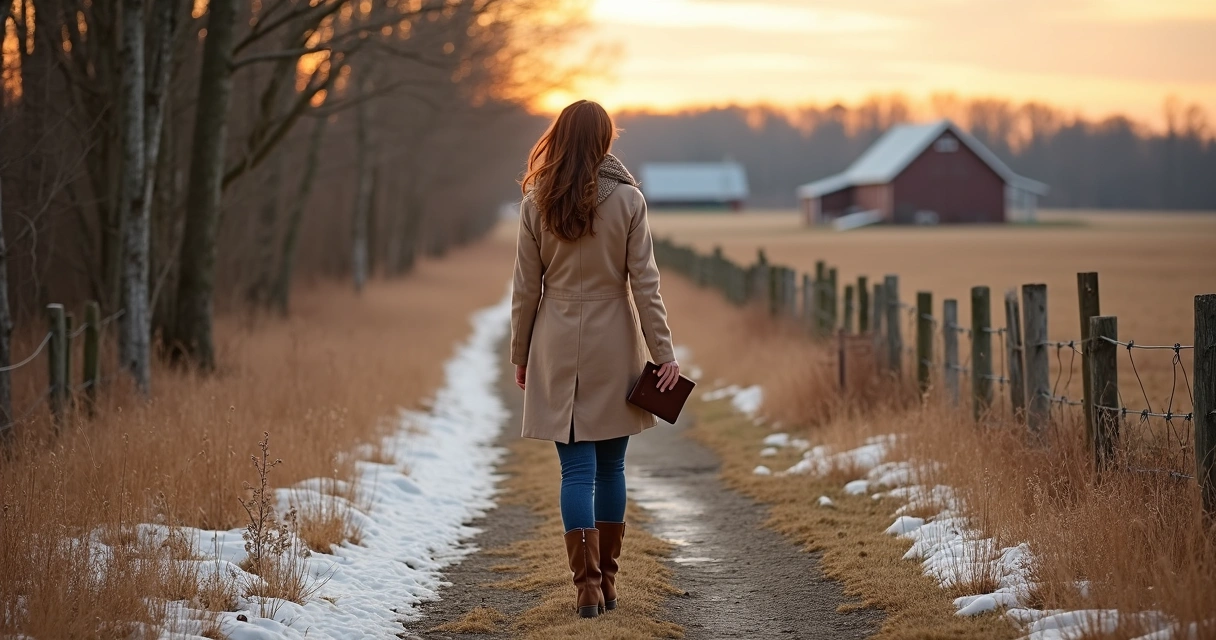 Mulher caminhando sozinha em trilha com neve derretendo ao pôr do sol 