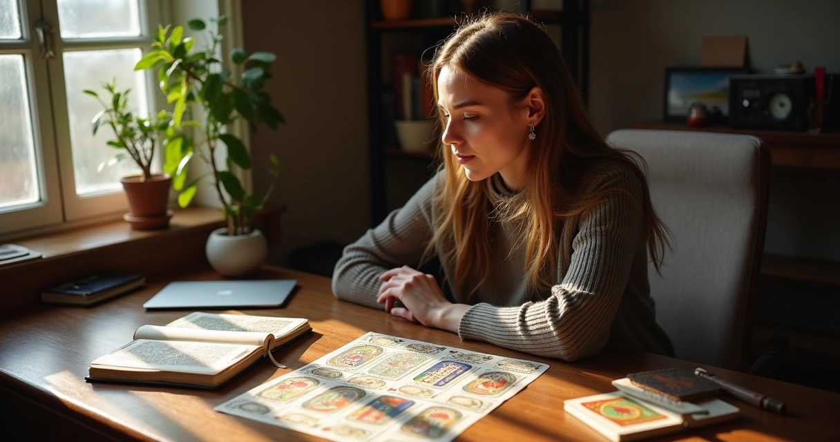 Mulher pensativa diante de caminhos profissionais em cartas do Baralho Cigano 