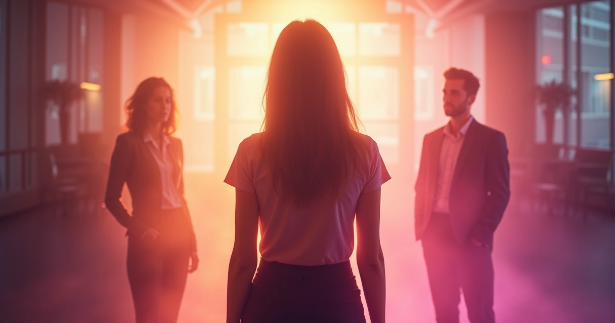 Mulher em postura confiante envolvida em luz rosa dourada visualizando proteção energética 