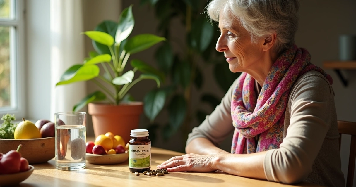 Mulher usando lenço colorido sentada à mesa com cápsulas de moringa, um copo com água e frutas