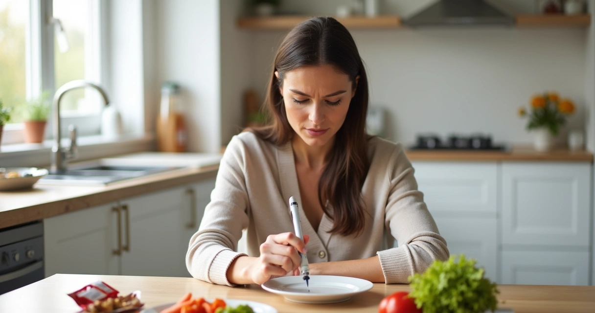 Mulher segurando caneta emagrecedora ao lado de prato vazio e parecendo reflexiva 