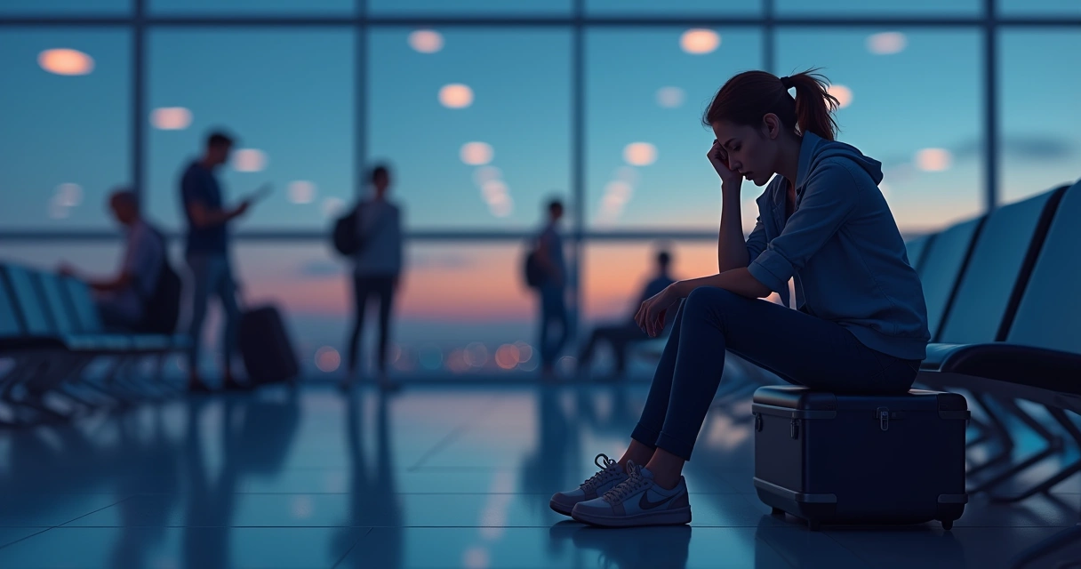 Mulher sentada e frustrada esperando em aeroporto 