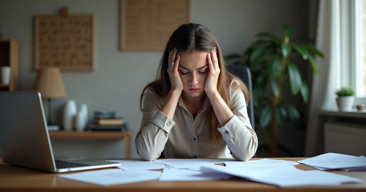 Mulher sentada segurando a cabeça, expressando fadiga emocional