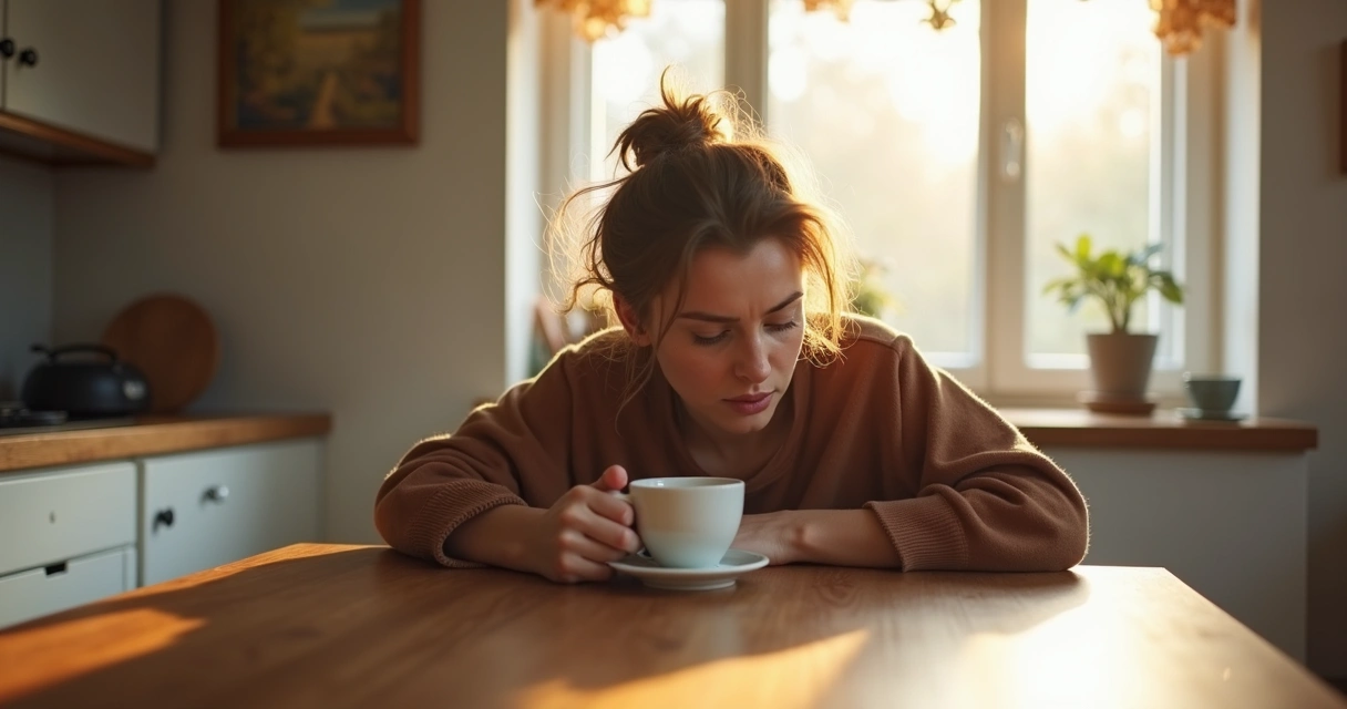 Mulher cansada apoiando a cabeça na mesa, com xícara de café 