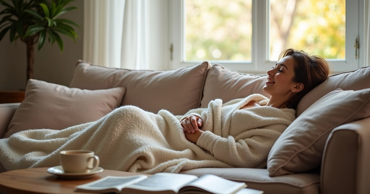 Mulher deitada no sofá com cobertor, expressão tranquila
