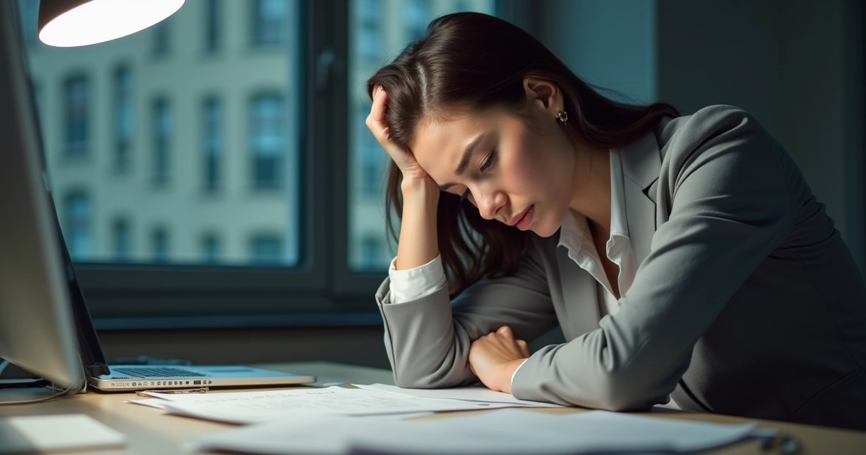 Mulher sentada em mesa de escritório com expressão de exaustão mental e física 