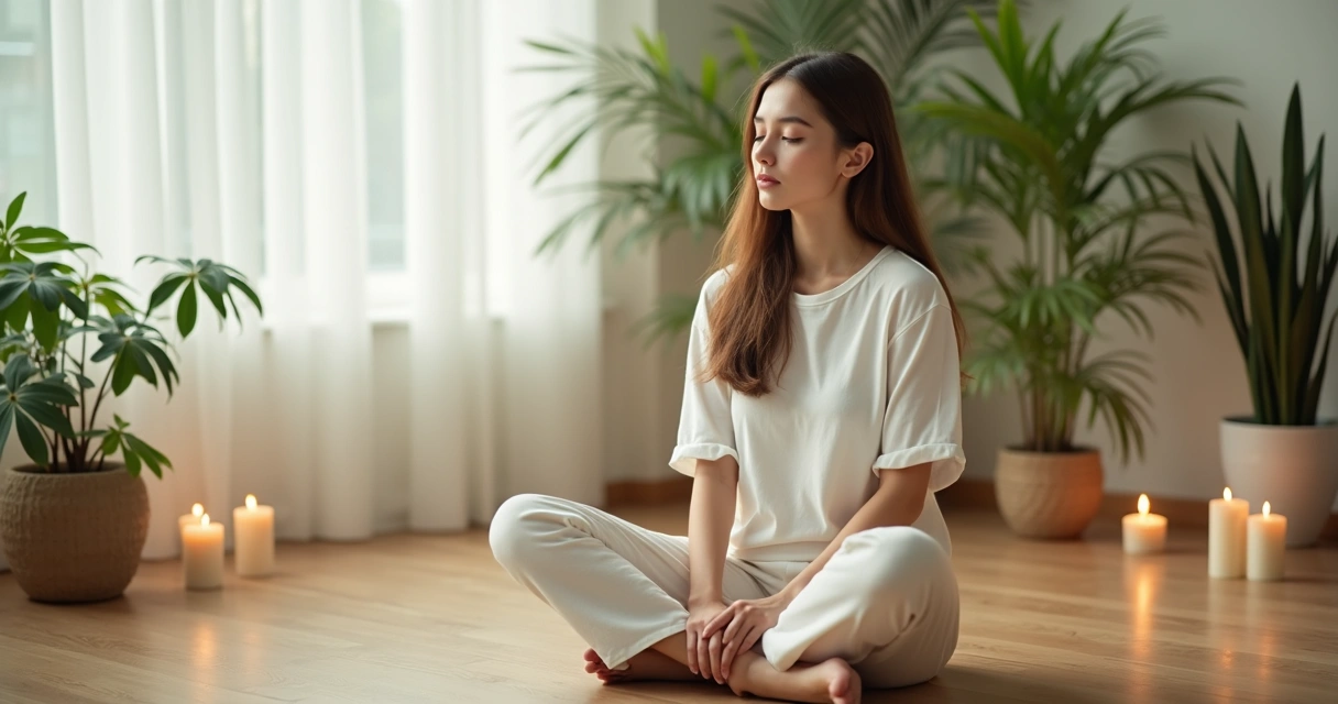 Mulher de olhos fechados com expressão cansada sentada em ambiente sereno 
