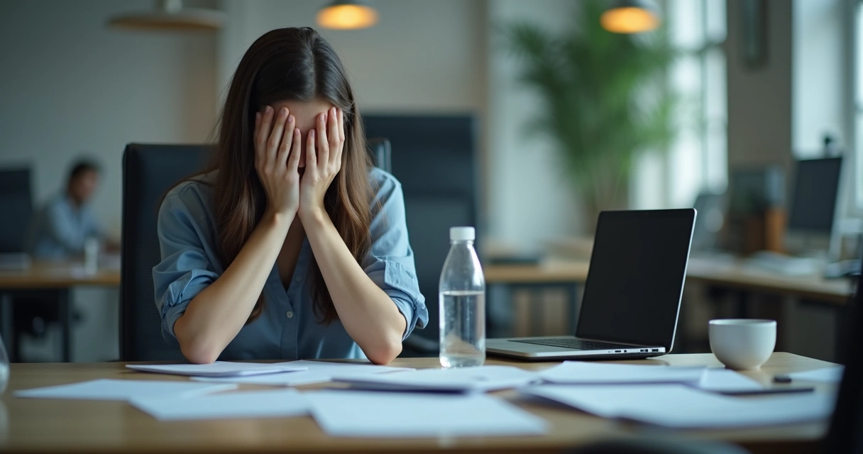 Mulher sentada sozinha em cadeira, cabeça baixa, expressão cansada, próximo a mesa de trabalho com papéis espalhados. 