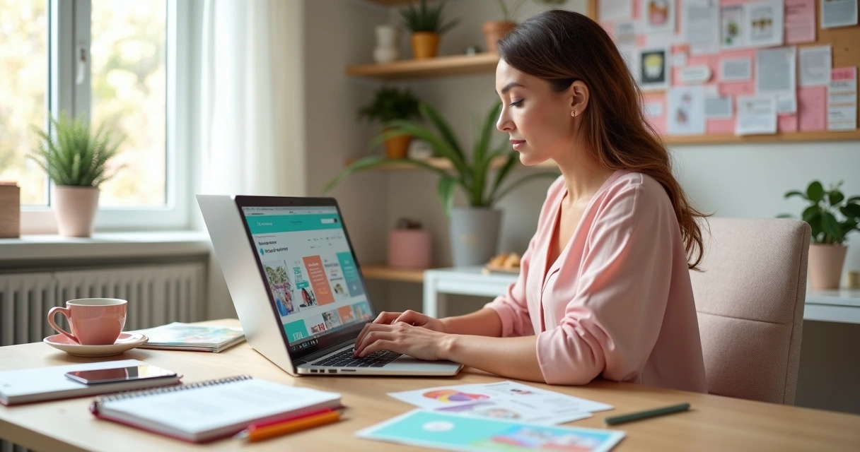 Mulher trabalhando no notebook criando materiais de venda no Canva 