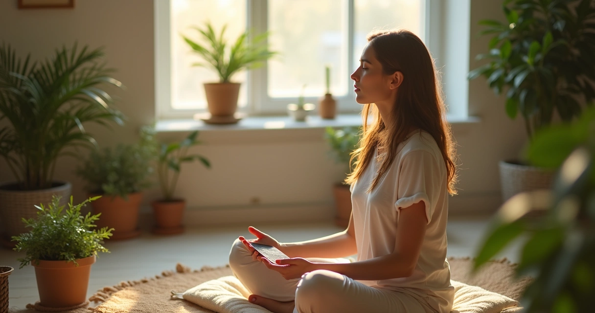 Mulher segurando uma carta de tarot e relaxando em ambiente tranquilo 