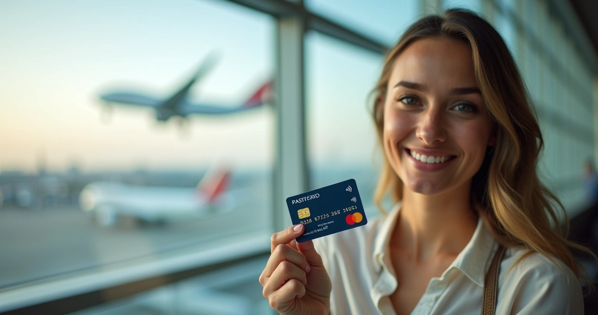 Mulher segura cartão com aviões ao fundo 