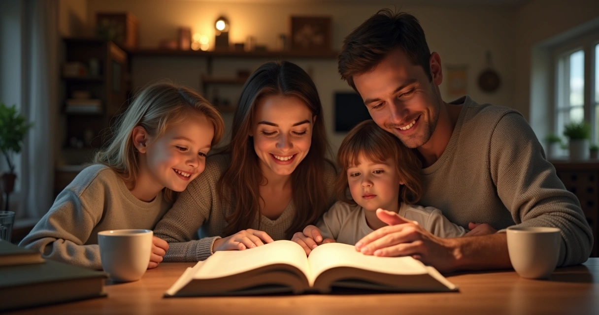 Família reunida em casa fazendo leitura devocional