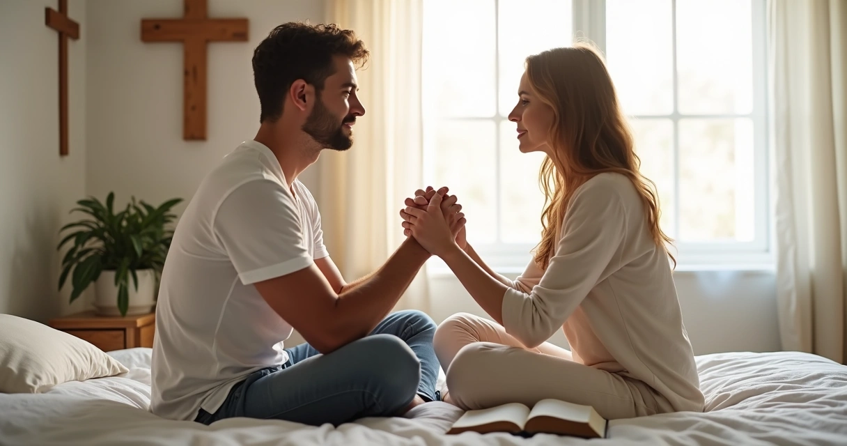 Casal sentado na cama se dando as mãos enquanto oram, luz suave entrando pela janela 