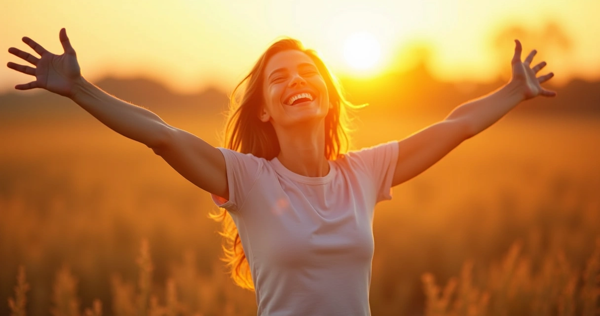 Mulher sorridente de braços abertos em um campo iluminado, ao pôr do sol 