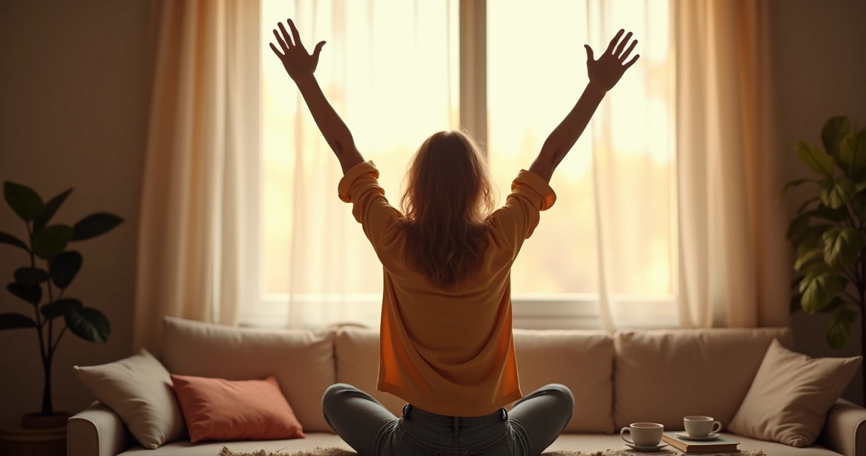 Mulher feliz com braços erguidos sorrindo sozinha em casa 