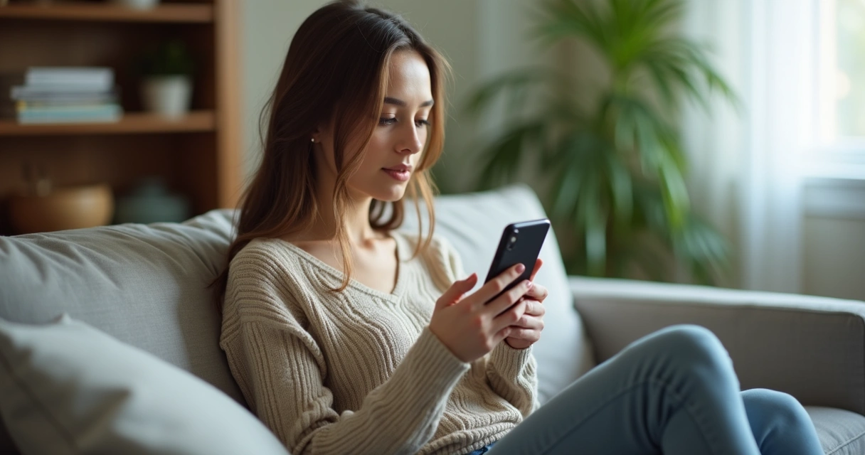 Mulher olhando para o celular em ambiente tranquilo 