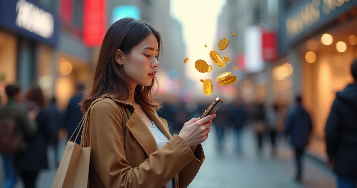 Mulher olhando para o celular com expressão de surpresa, segurando sacolas de compras.