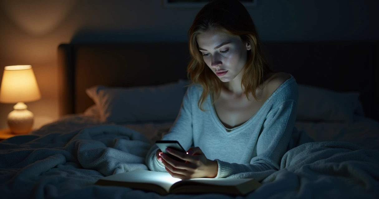 Mulher segurando celular, distraída na cama à noite 