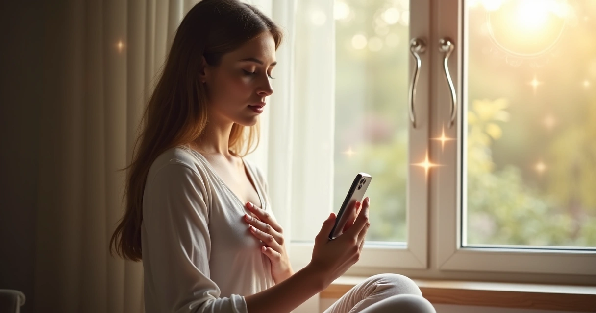 Mulher olhando celular e meditando com fundo espiritual 