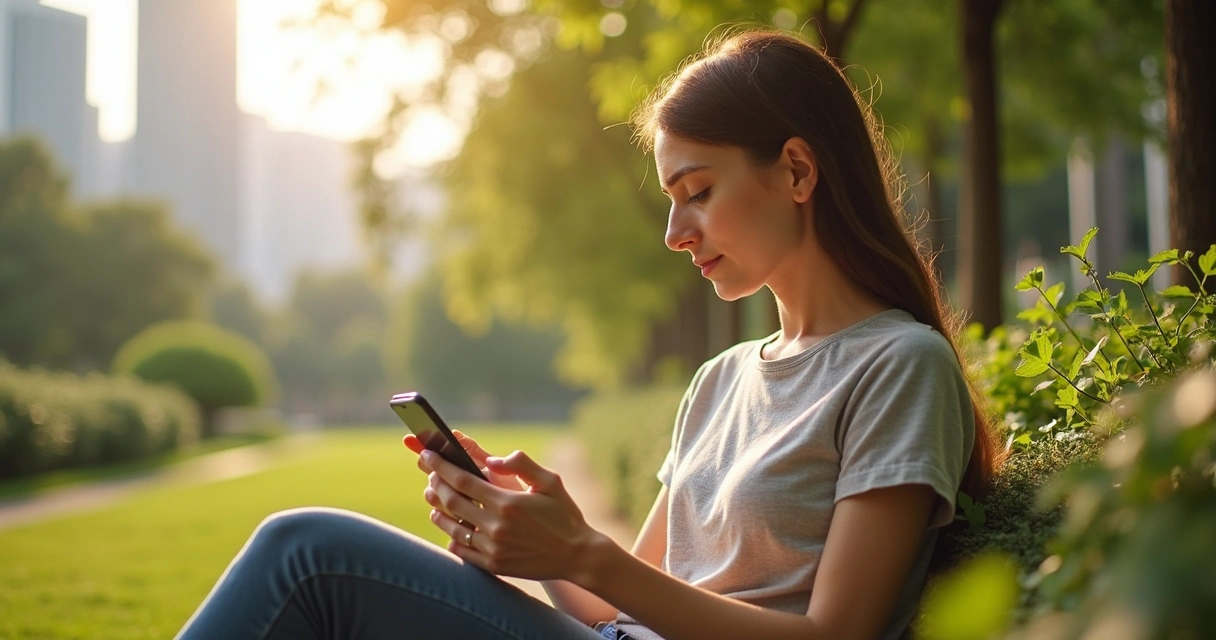 Mulher sentada em um jardim lendo notícias no celular