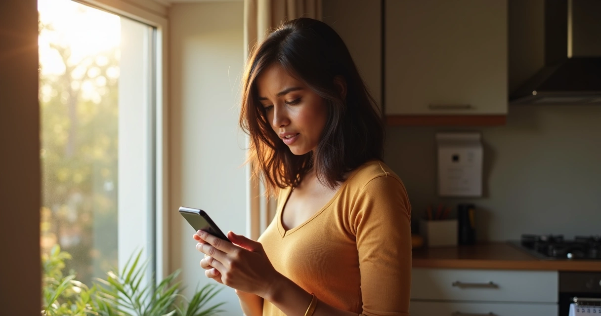 Mulher olhando o celular ao receber notificação sobre vencimento de pontos.