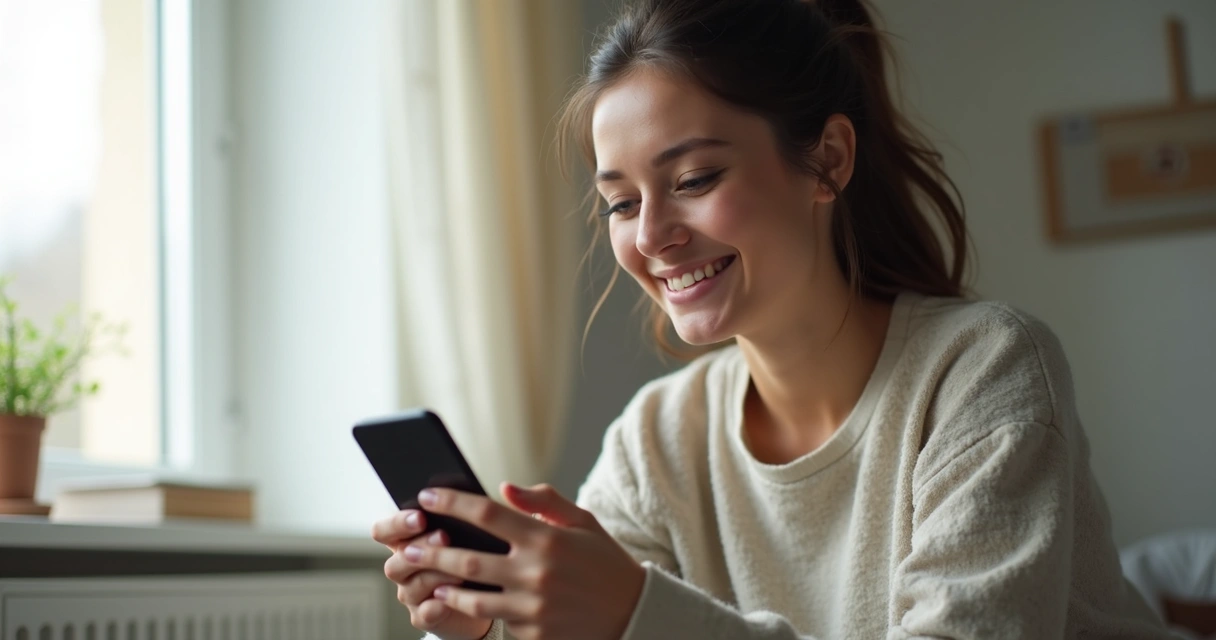Mulher sorrindo levemente olhando para o celular, com fundo suave e iluminação natural 
