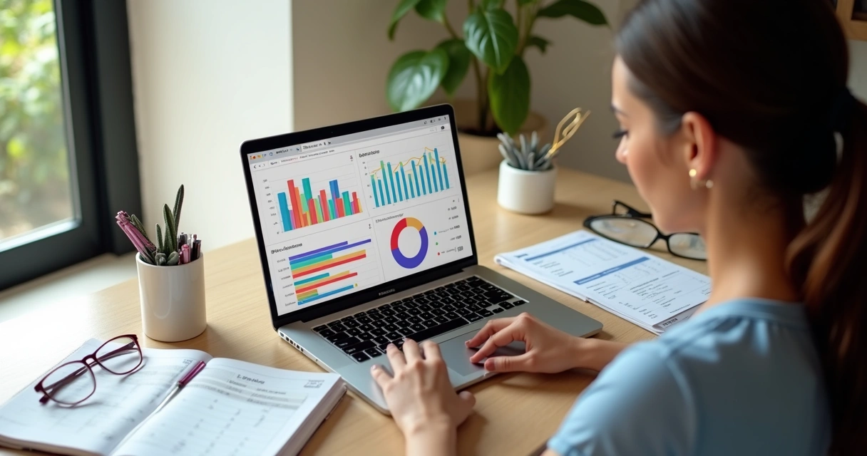 Mulher controlando receitas e despesas do salão e contas pessoais no mesmo software 