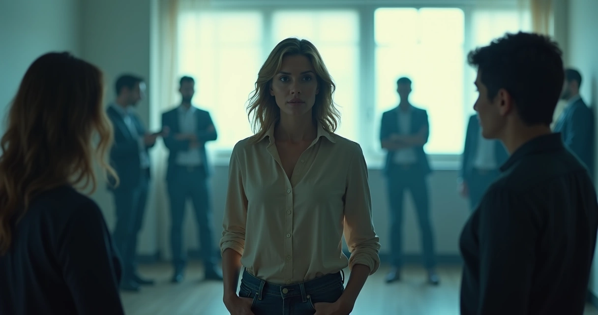 Mulher em pé cercada por silhuetas escuras representando relações tóxicas 