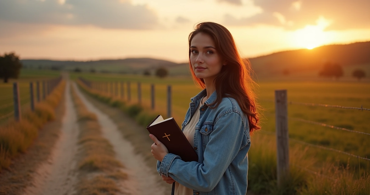 Mulher segurando Bíblia à frente de cerca em trilha rural ao pôr do sol 