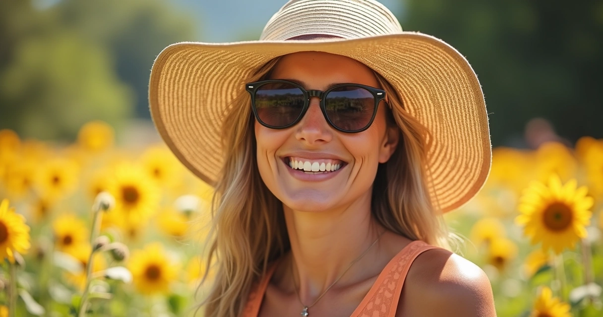 Mulher com chapéu de aba larga protegendo a pele do sol 