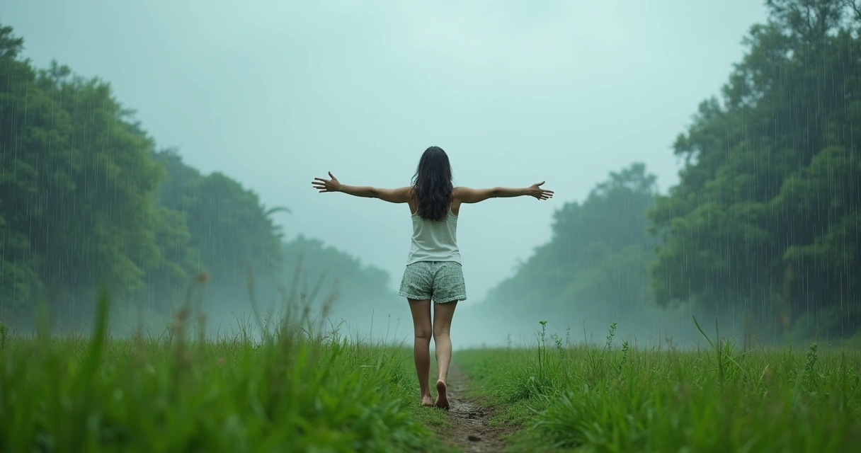 Mulher de braços abertos sob chuva leve em jardim verde 