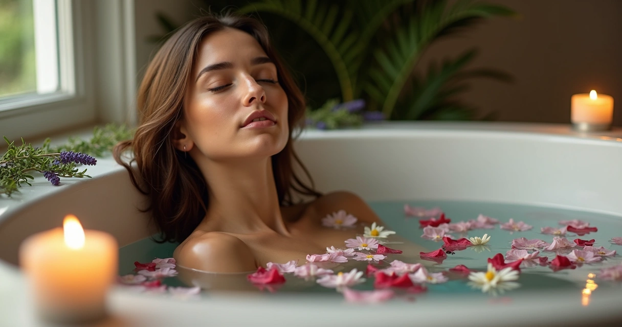 Mulher jovem em banho de ervas, flores ao redor, expressão serena
