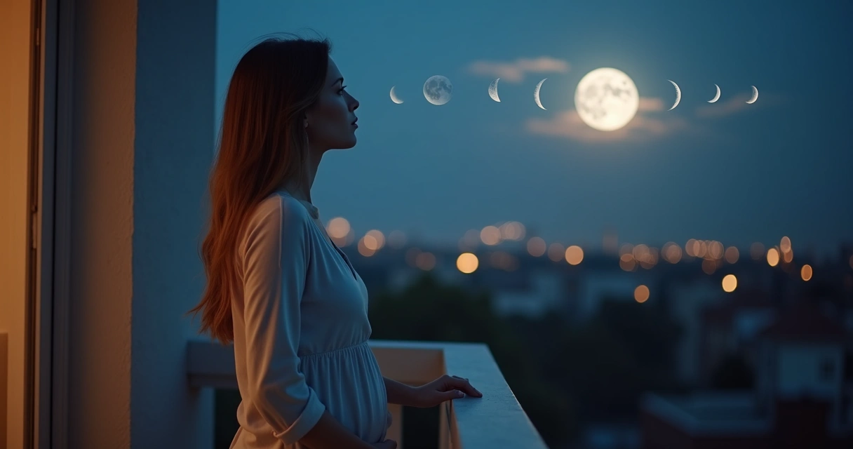 Mulher olhando a lua cheia com fases lunares ao fundo 