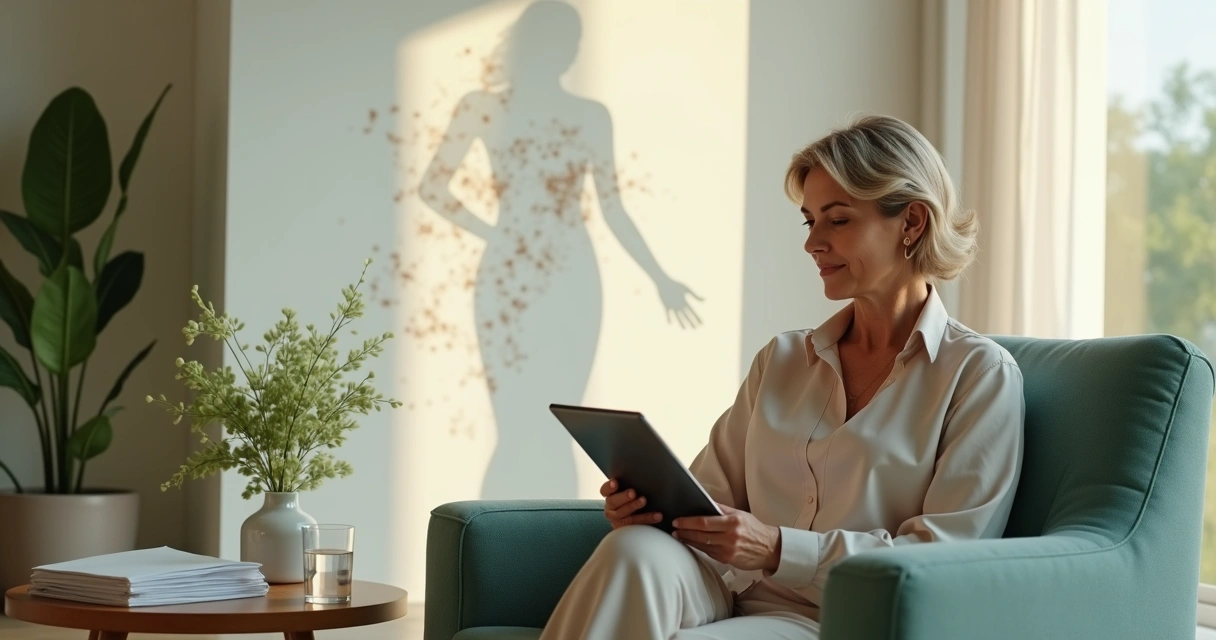 Mulher no climatério relaxando em ambiente moderno de bem-estar 