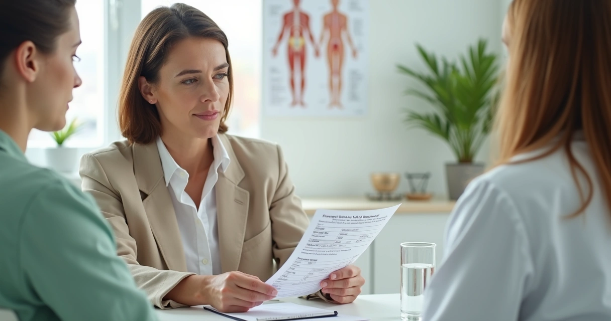 Mulher adulta em consulta analisando receita manipulada