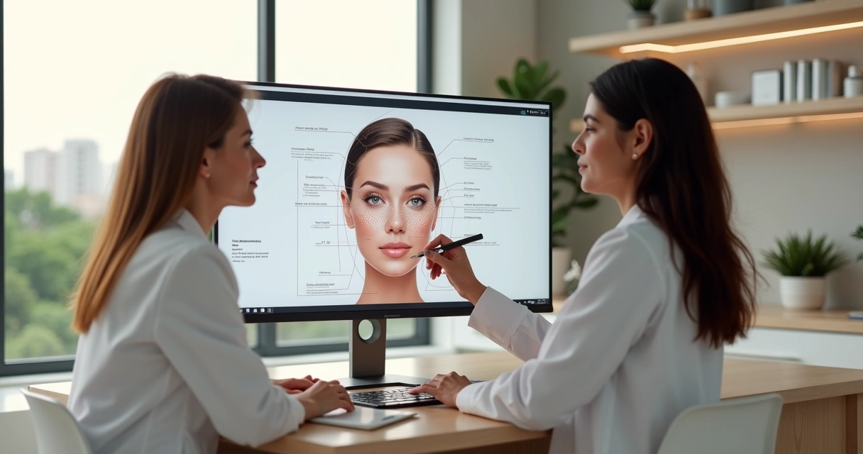 Mulher em consulta de harmonização facial analisando diagrama do rosto na tela com médica 