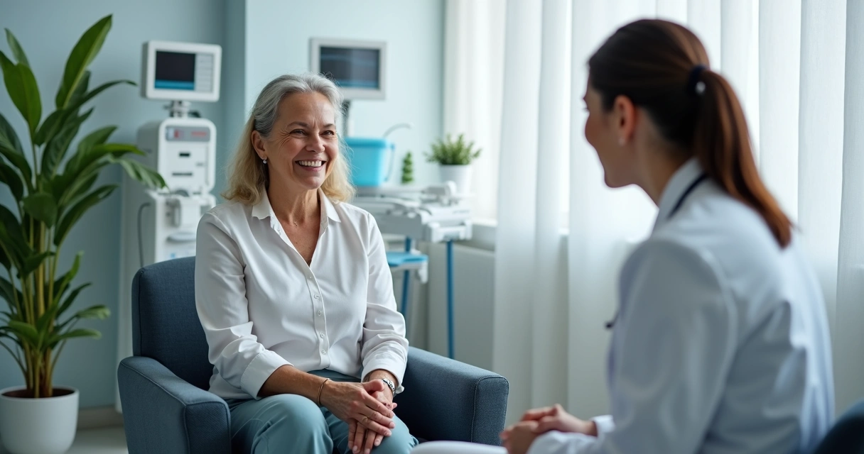 Mulher sorridente conversando com médica em consultório 