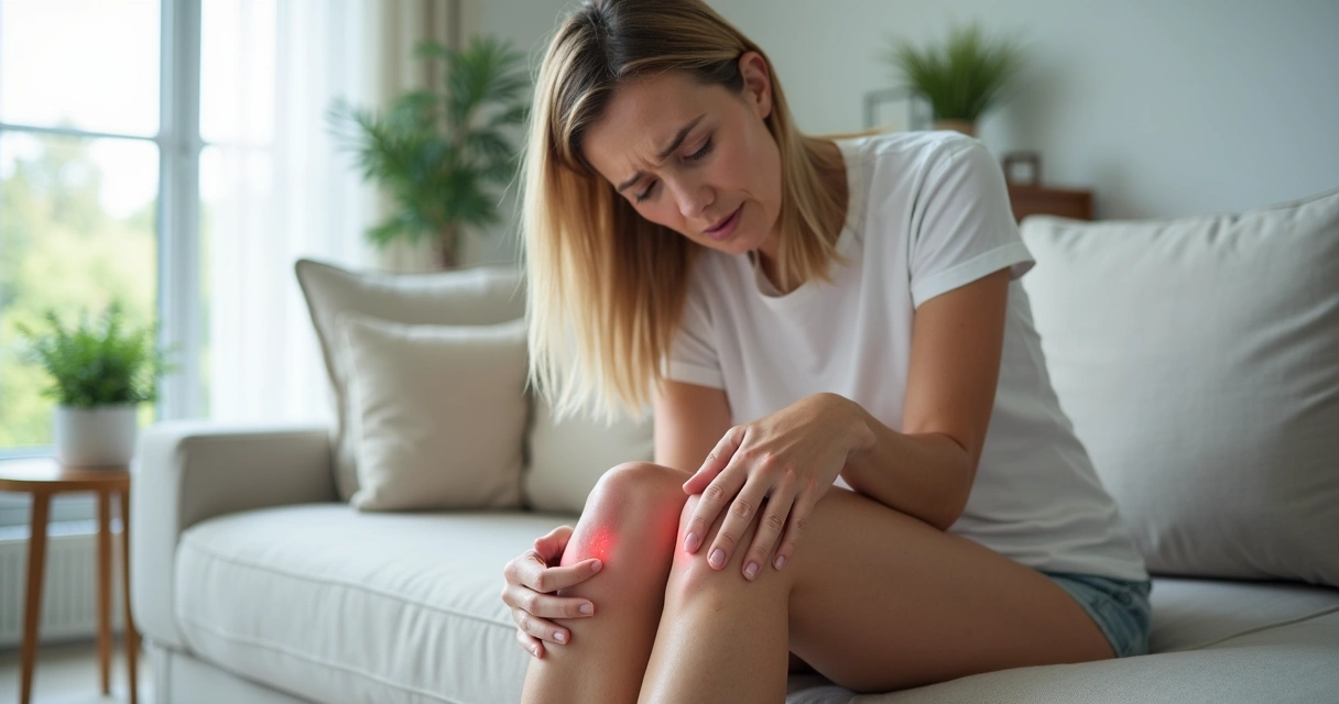 Mulher sentada no sofá coçando a perna com varizes visíveis 